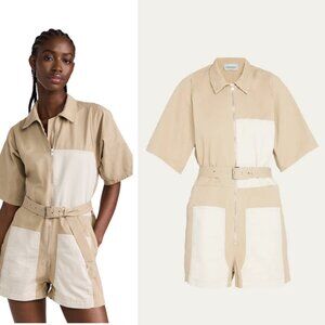 Rachel Comey Handy Belted Patchwork Shortsuit Romper In Sand 2